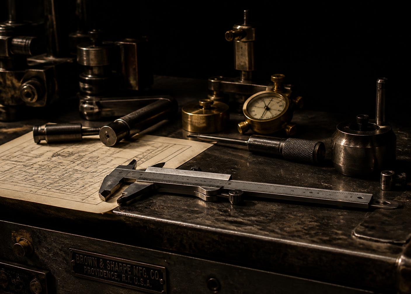 Workshop bench with calipers, measuring instruments, and blueprints